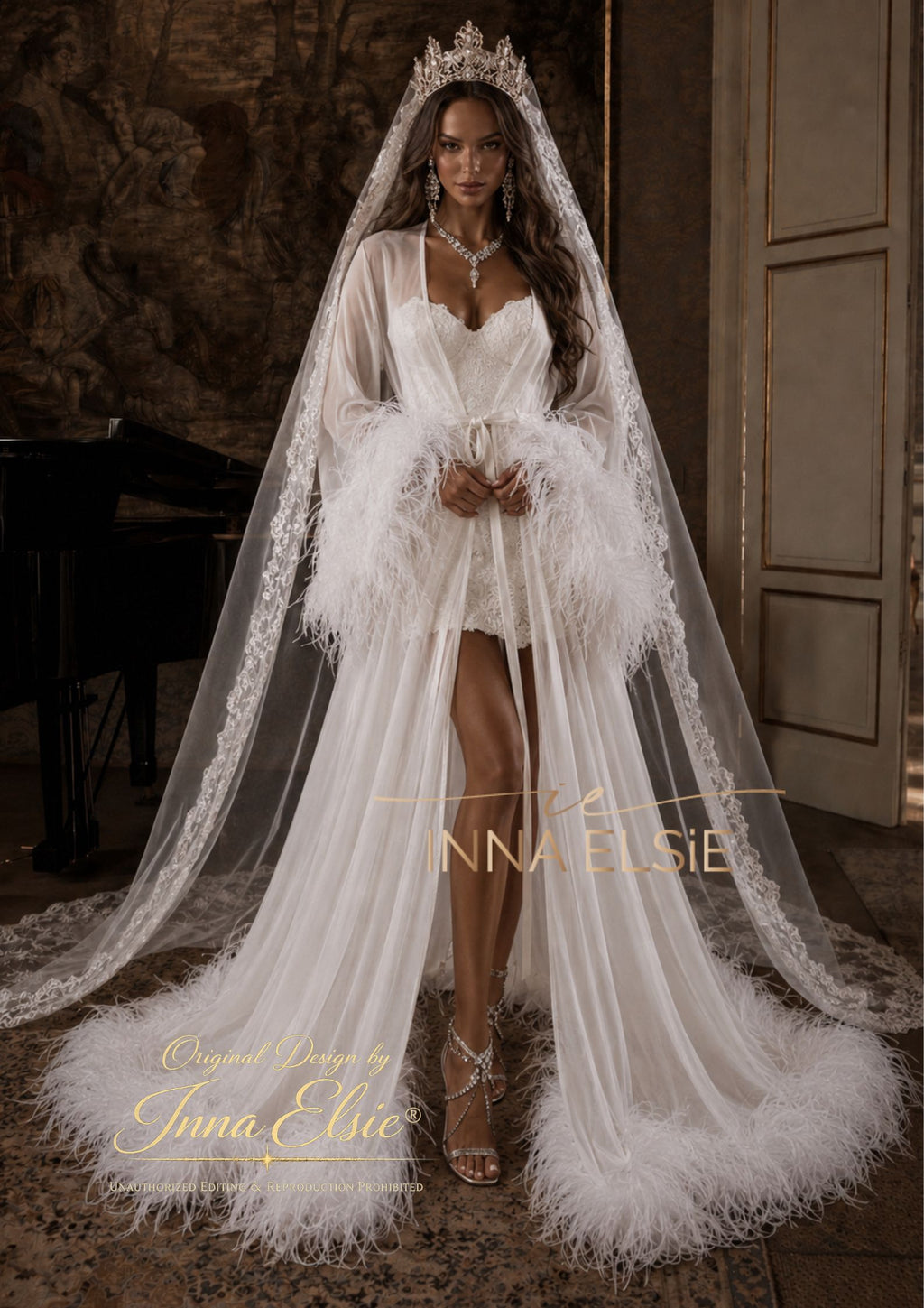 LUCIA Chiffon Robe with Ostrich Feathers