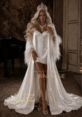 RIMMA Long Silk Bridal Robe with Pearls & Feathers