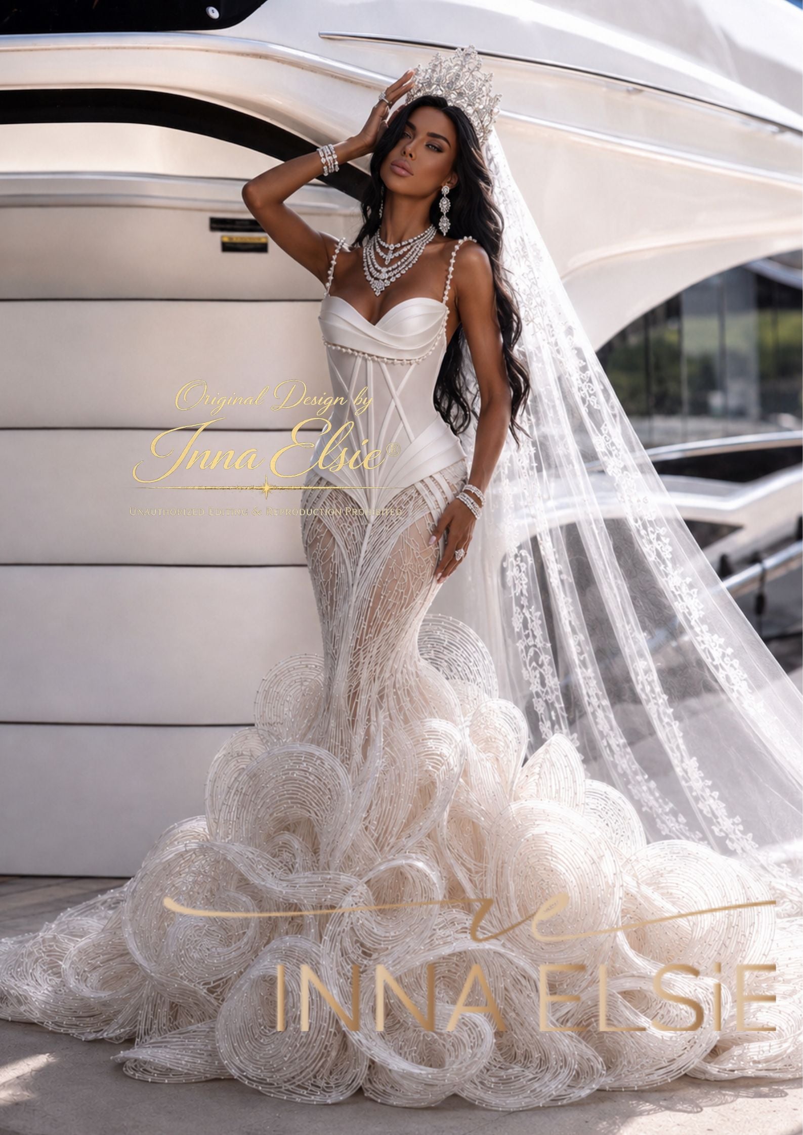 A woman models an elaborate white lace mermaid wedding gown with a long sheer veil, tiara, and statement jewelry in front of a white yacht. Gold text overlays read 'Custom Designs by Inna Elsie' and 'INNA ELSIE'.