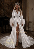 AZALIA Silk Bridal Robe with Detachable Feathers