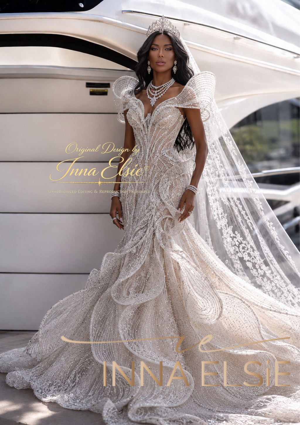 A woman wearing an ornate ivory lace wedding gown with dramatic ruffled shoulders, a fitted bodice, and a long sheer veil, posed in front of a white yacht. Gold text overlays read 'Original Design by Inna Elsie' and 'INNA ELSIE'.