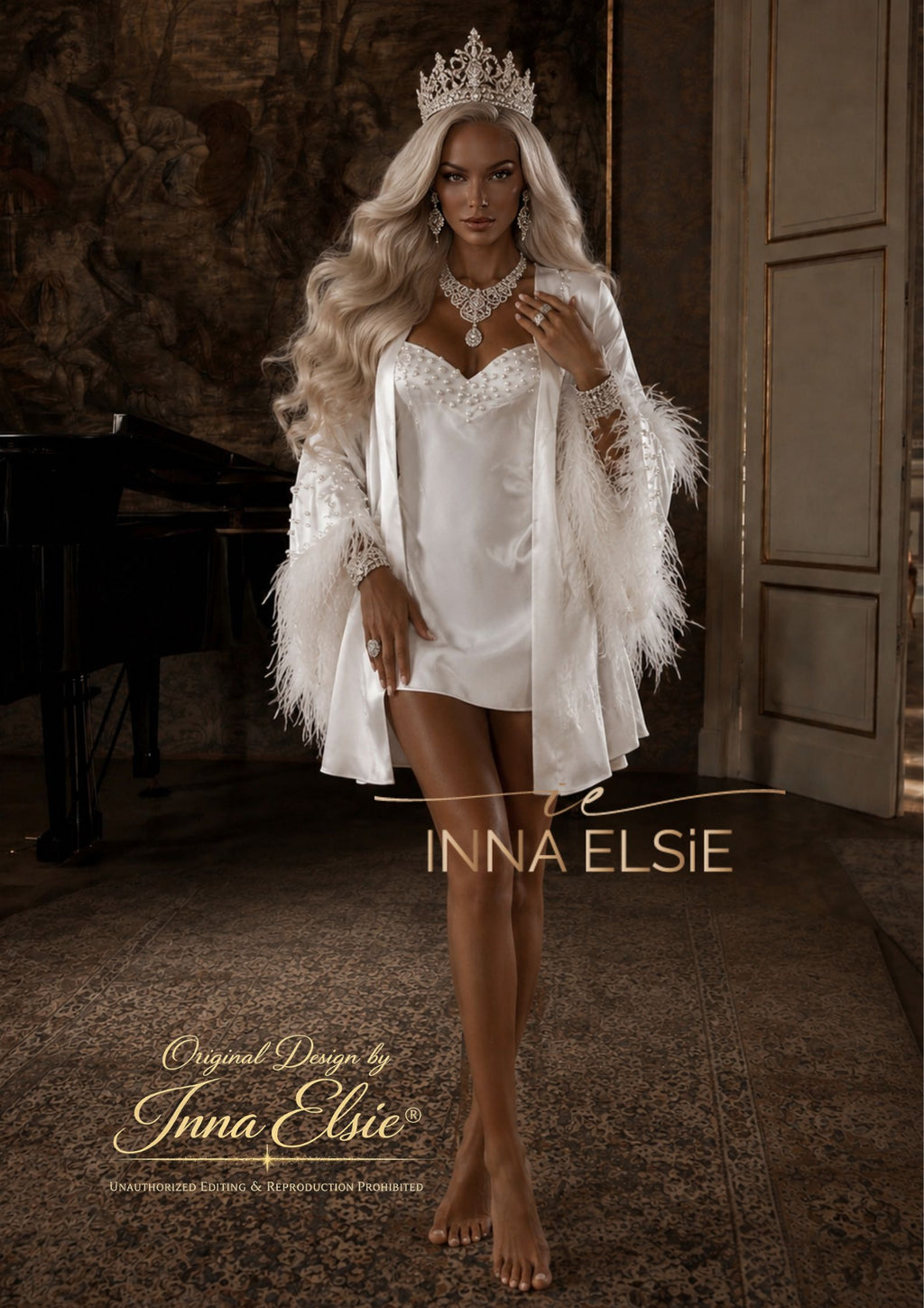 RIMMA Silk Robe with Pearls & Feathers