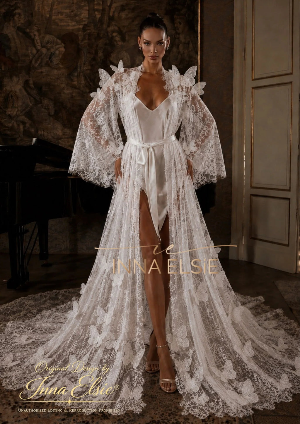 POLINA Lace Bridal Robe with Butterflies