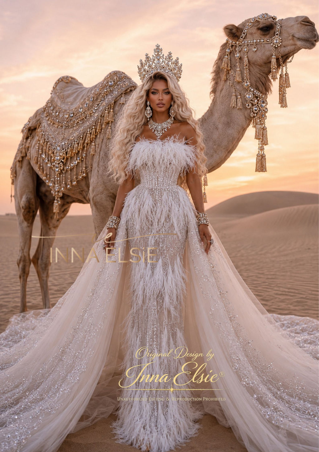 A woman in an ornate white feathered gown with a long train stands in a desert setting beside a decorated camel under a warm sunset sky. Text overlays read 'Inna Elsie' and 'Original Design by Inna Elsie'.