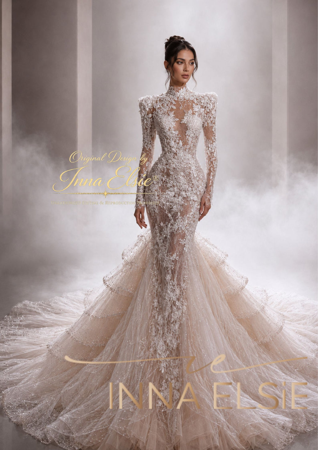 A model wears an elegant Inna Elsie wedding gown with long sheer sleeves, a high neckline, and a dramatic layered tulle train in a smoky studio setting.