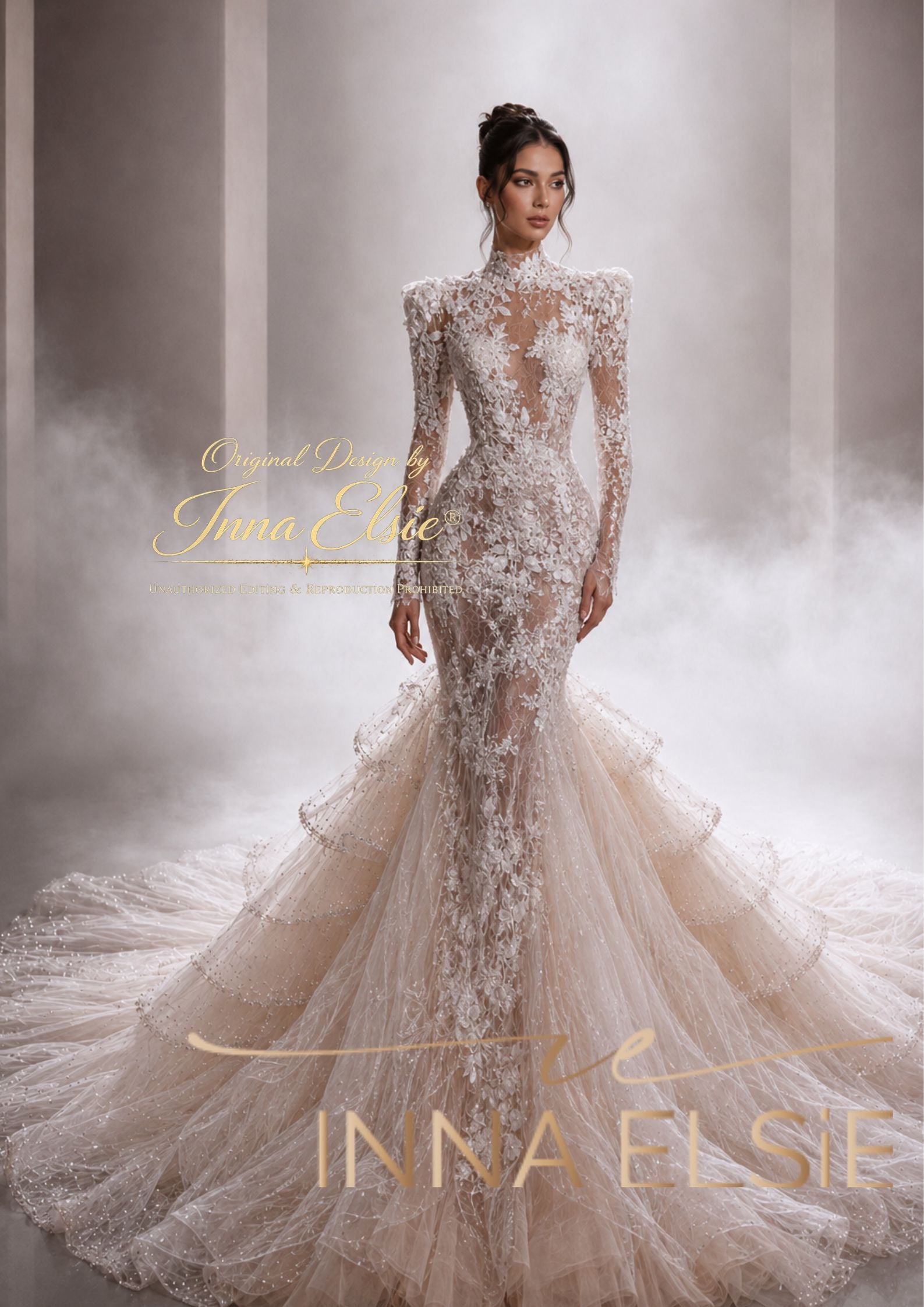 A model wears an elegant Inna Elsie wedding gown with long sheer sleeves, a high neckline, and a dramatic layered tulle train in a smoky studio setting.