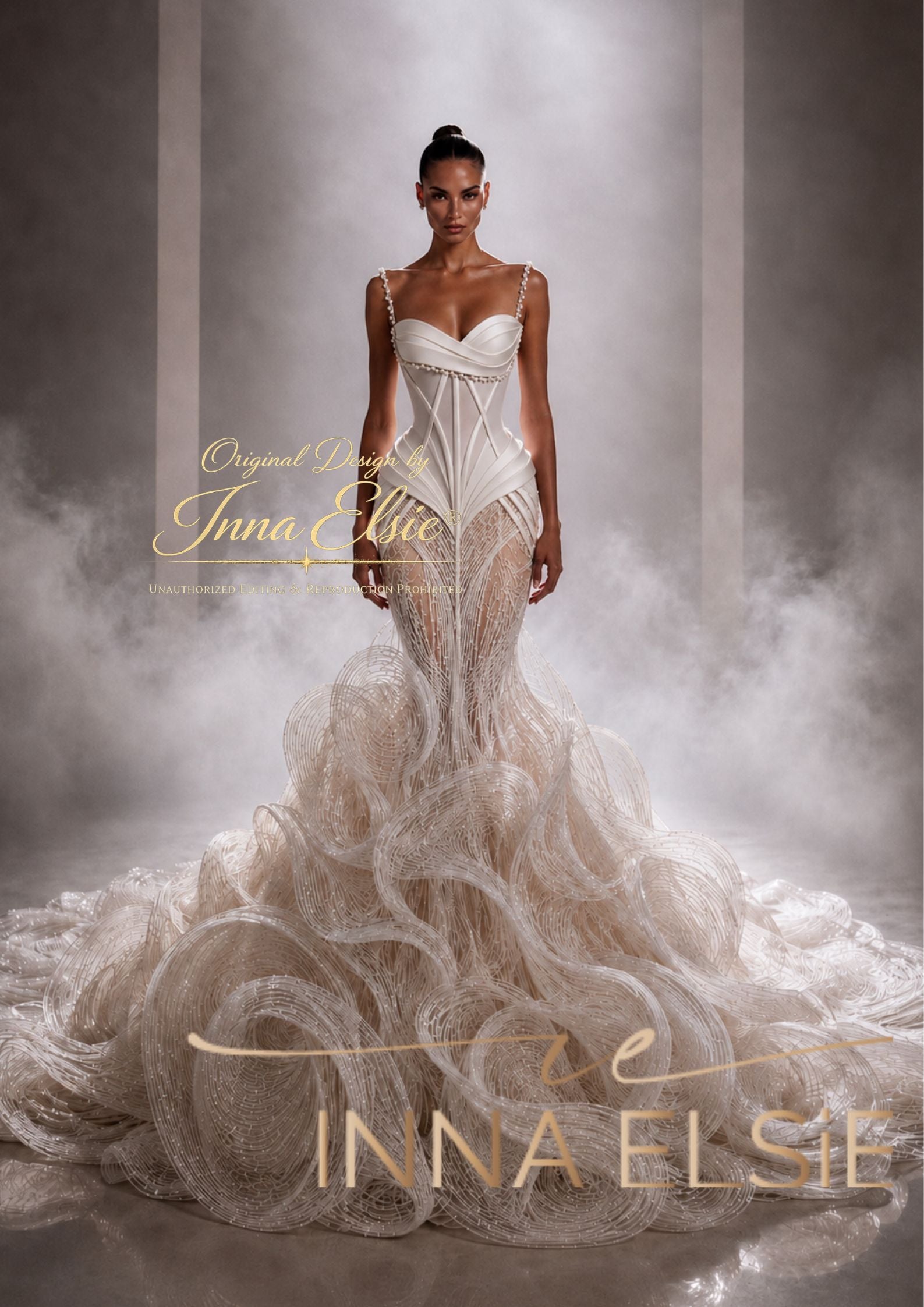 A model stands in a dramatic studio setting wearing an ornate white bridal gown with a fitted corset-style bodice, sheer lace detailing, and a very large layered tulle train. The image includes visible text branding reading 'Original Collection Inna Elsie' and 'INNA ELSE' near the bottom.