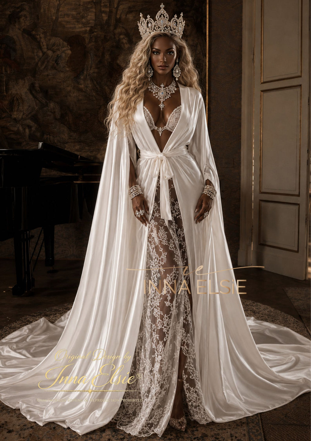 AGNESS Luxury Silk Bridal Robe with Lace