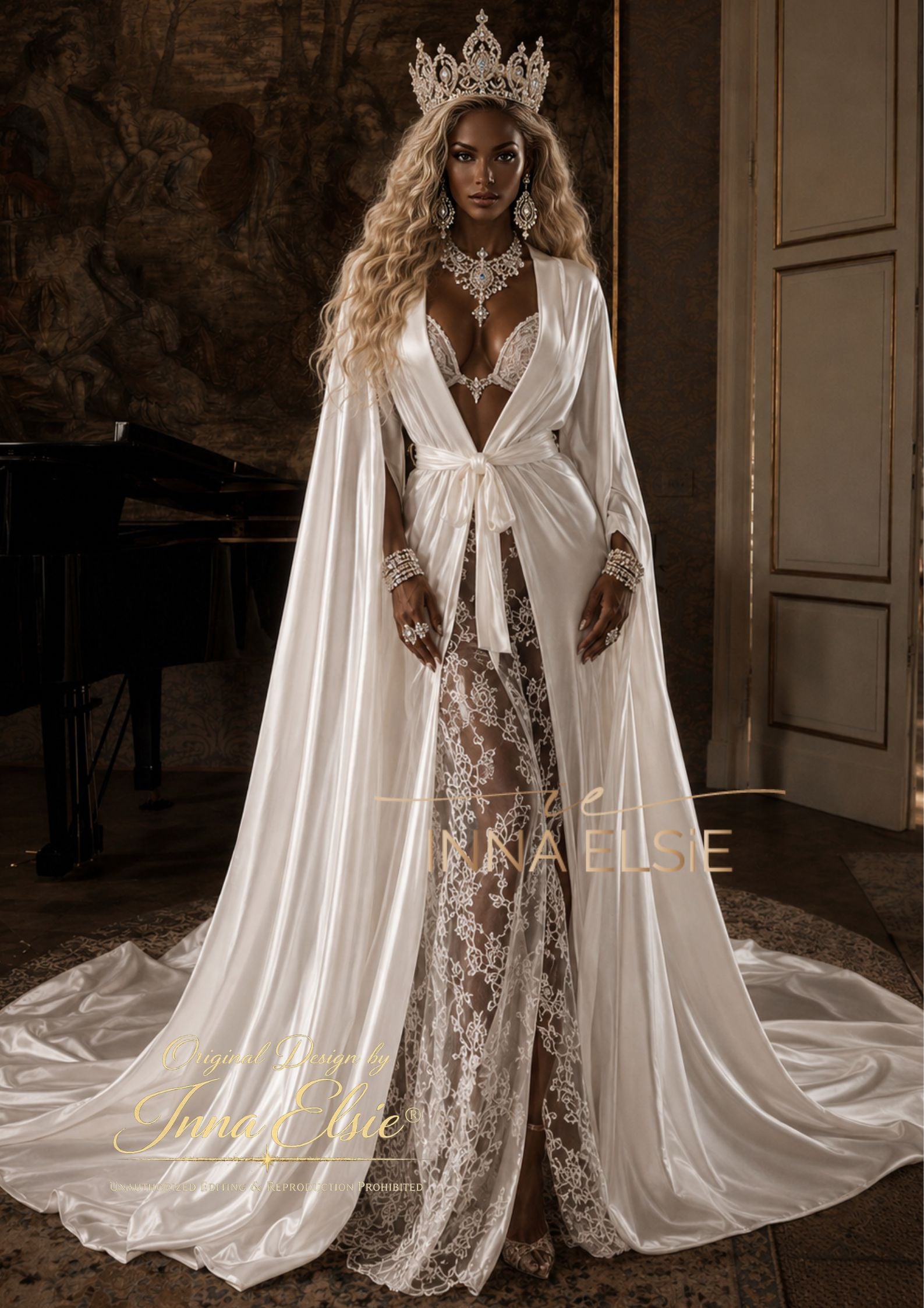 AGNESS Luxury Silk Bridal Robe with Lace