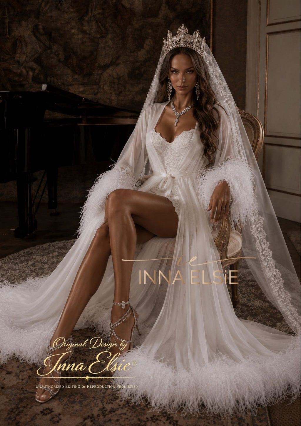 LUCIA Chiffon Robe with Ostrich Feathers