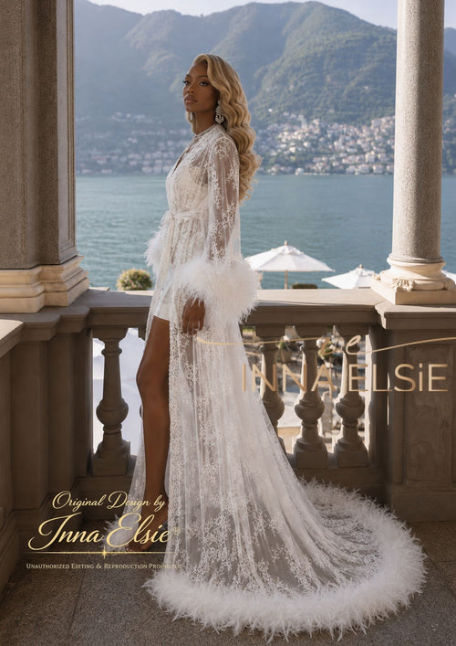 CATANIA Lace Bridal Robe With Turkey Feathers
