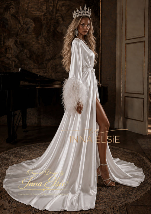 AZALIA Silk Bridal Robe with Detachable Feathers