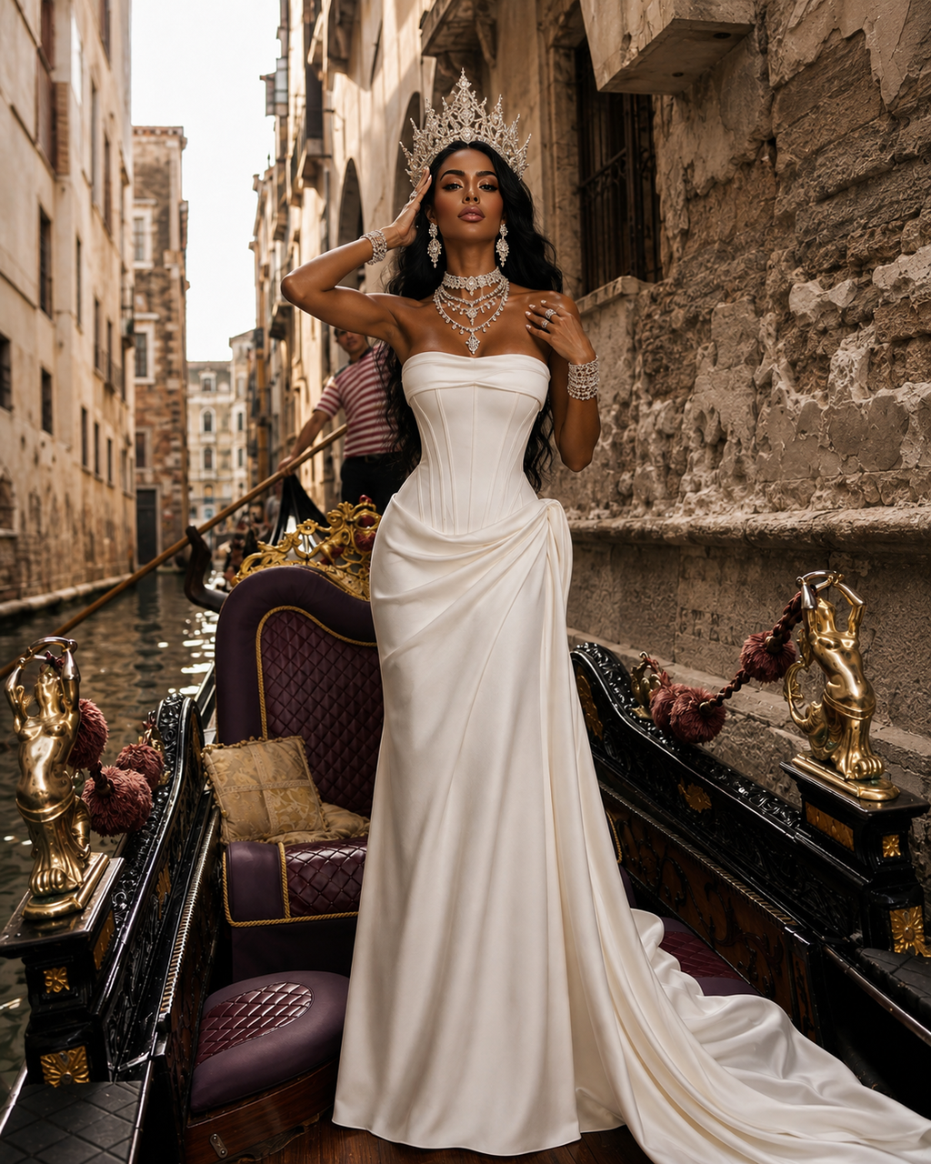 A woman wearing a strapless ivory satin gown, silver tiara, and layered silver jewelry stands in a gondola on a Venice canal.