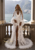 CATANIA Lace Bridal Robe With Turkey Feathers