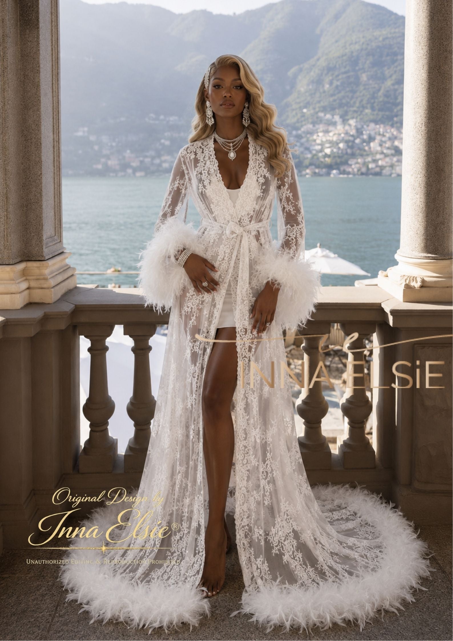 CATANIA Lace Bridal Robe With Turkey Feathers
