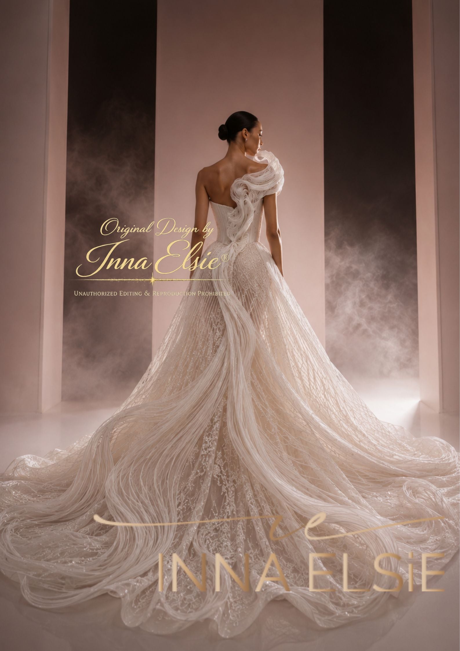 A woman wearing a dramatic off-shoulder ivory lace wedding gown with a very full train, photographed in a smoky interior with warm beige walls. Gold text overlays read 'Original Design by Inna Elsie' and 'INNA ELSIE'.