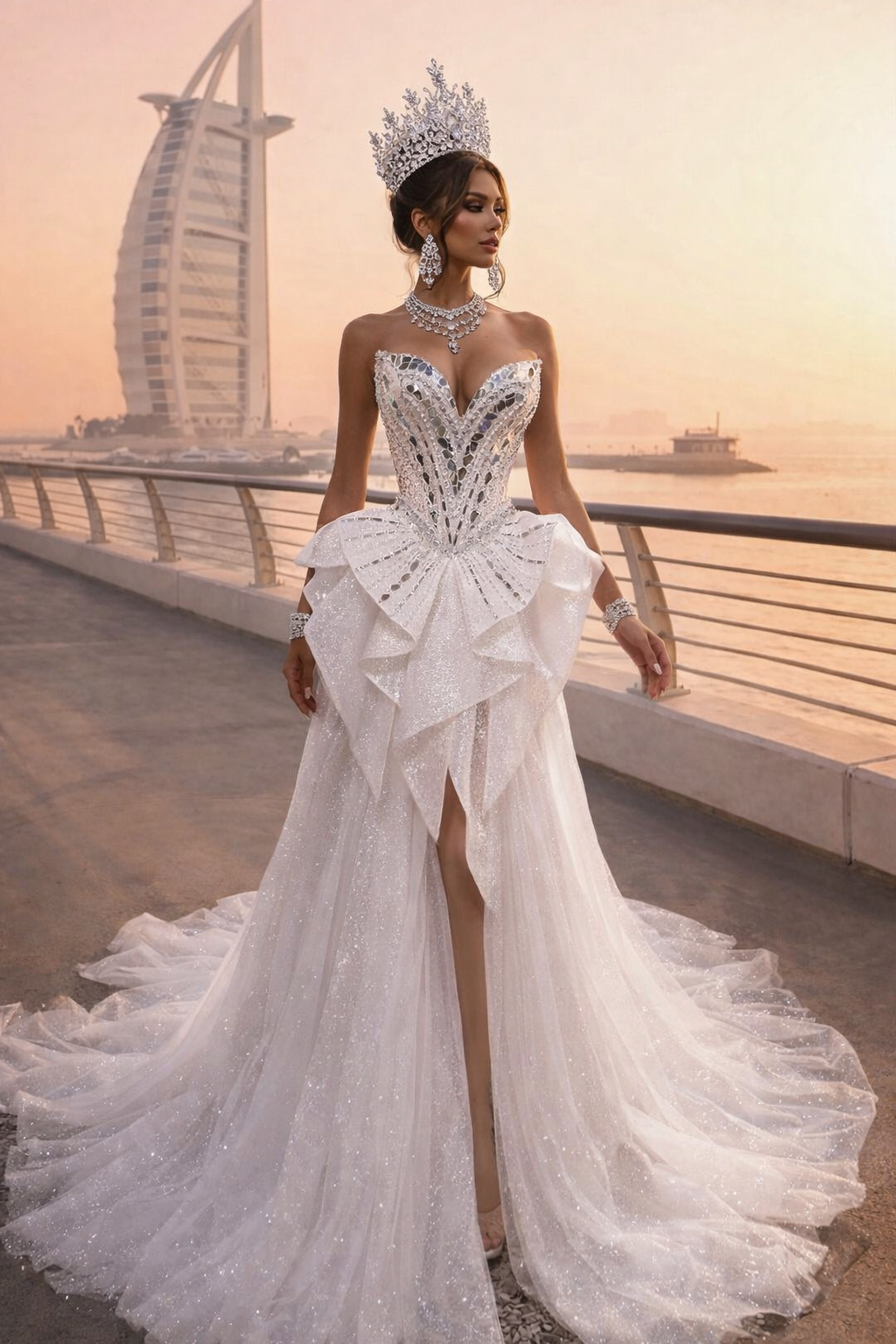 Woman in a white evening gown with a high slit, standing in front of the Burj Al Arab hotel in Dubai.