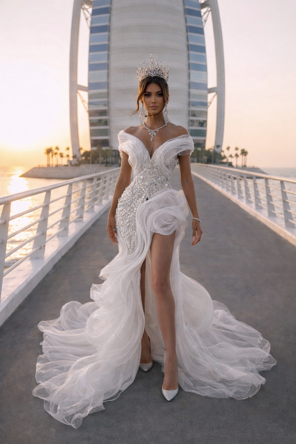 Woman in a white wedding dress with a high slit standing on a bridge with modern architecture in the background.