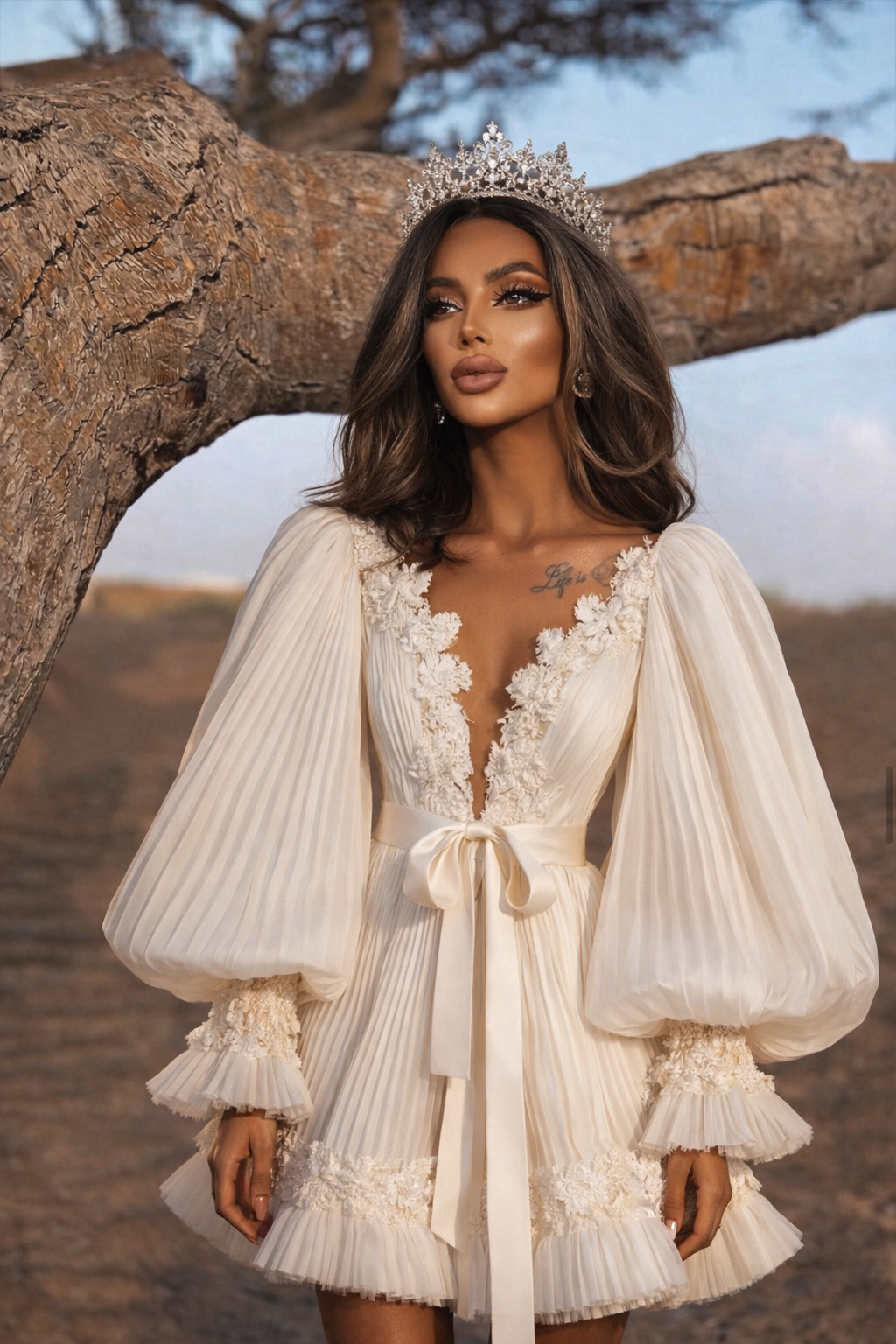 Woman in a white dress with long sleeves standing next to a tree in a desert setting