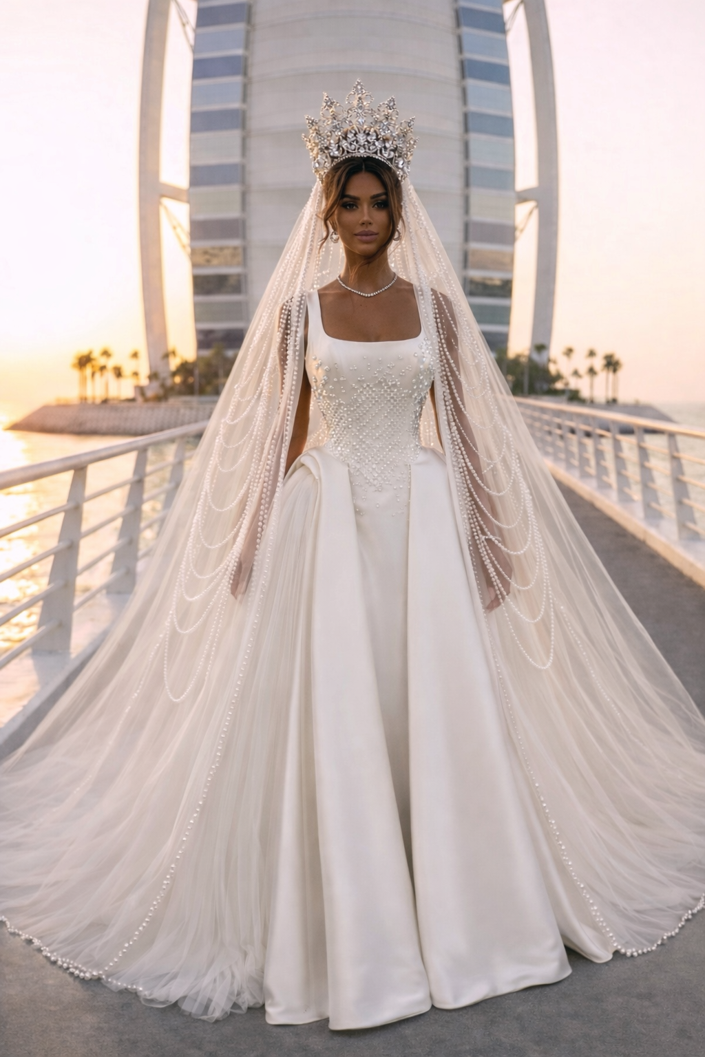 Woman in a white wedding dress with a long veil and crown, standing in front of a modern building.