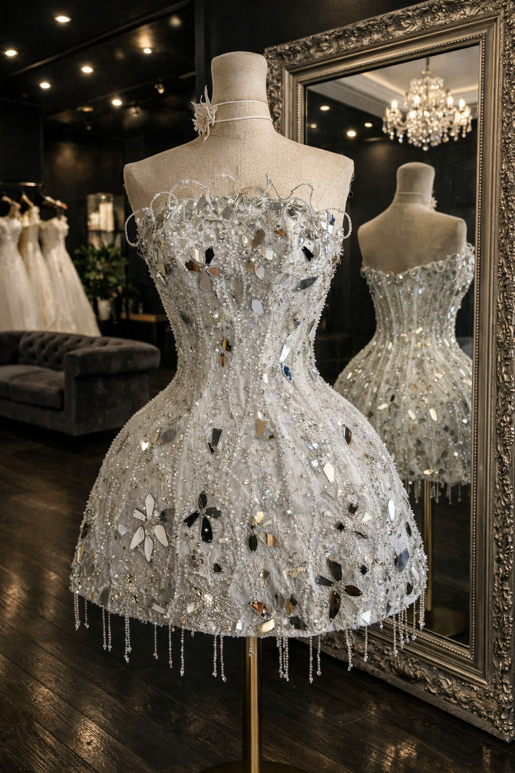 Elegant silver dress on a mannequin in front of a mirror in a high-end store.