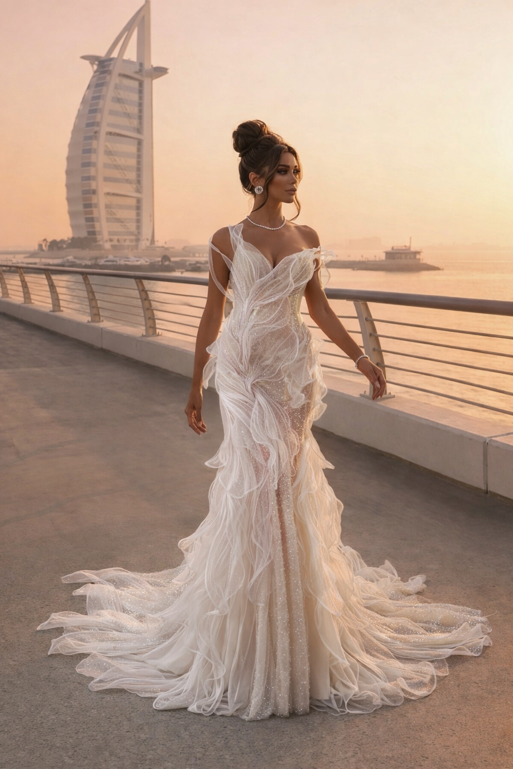 Woman in a white wedding dress standing on a bridge with a famous building in the background