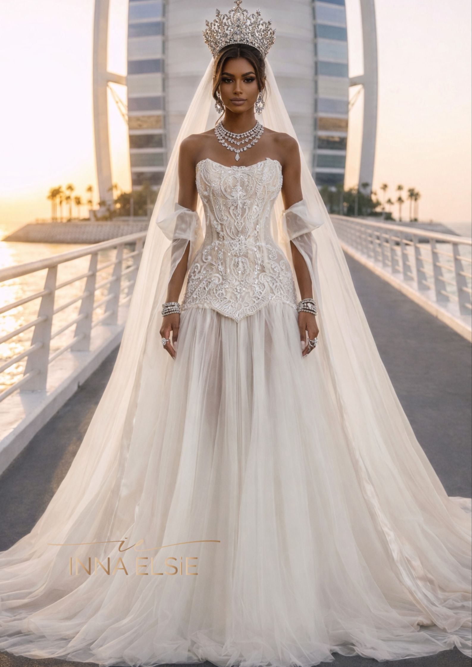 DAMIANA Strapless Lace Corset Gown With Flowing Tulle Skirt & Sheer Drape