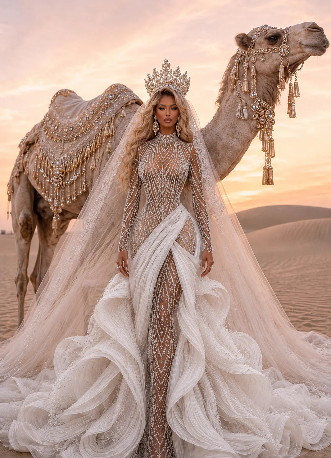 Woman in a beaded gown standing next to a decorated camel in a desert setting