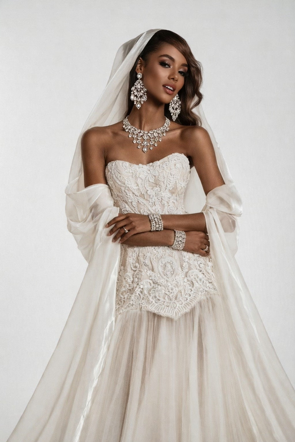 DAMIANA Strapless Lace Corset Gown With Flowing Tulle Skirt & Sheer Drape