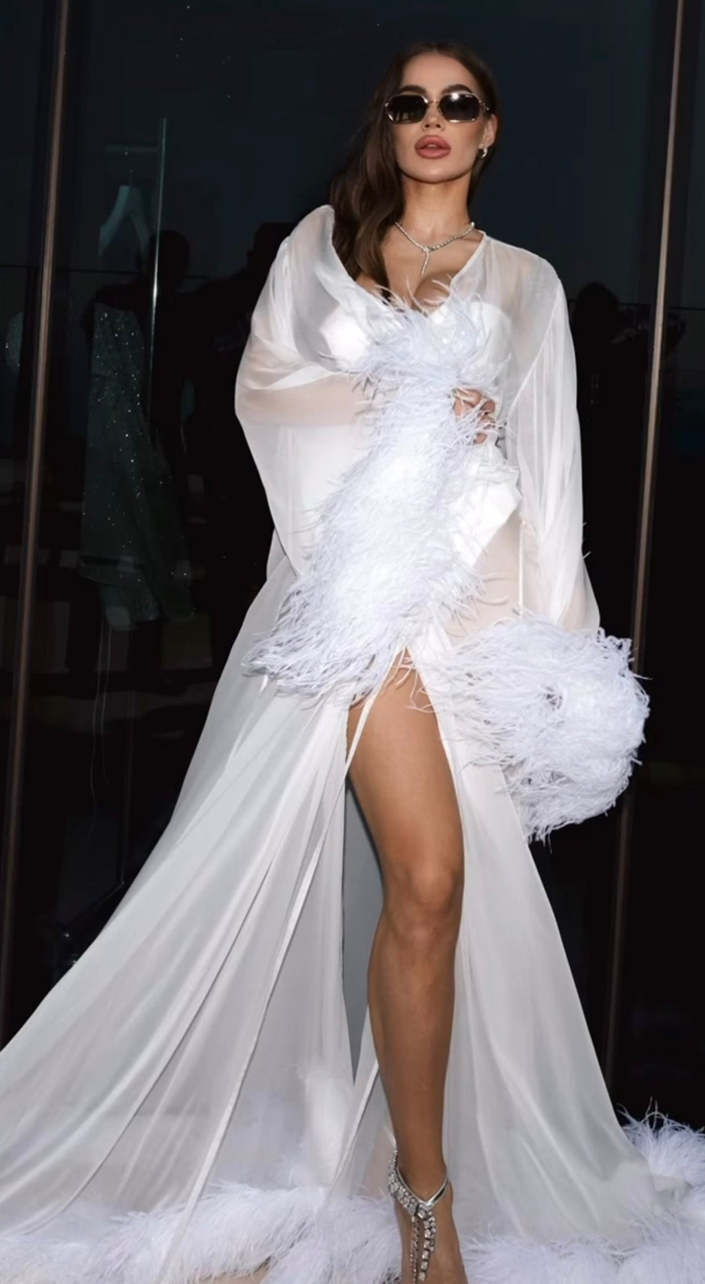 LUCIA CHIFFON ROBE WITH OSTRICH FEATHERS