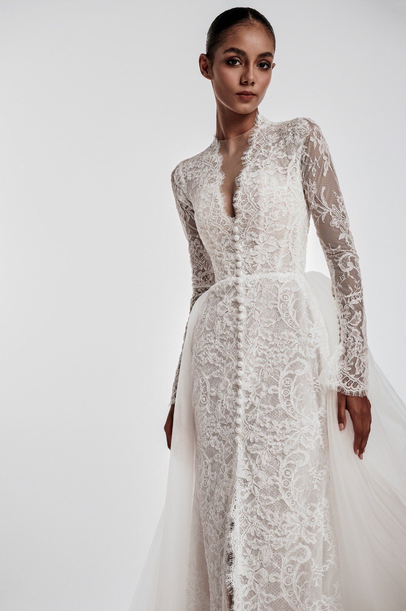 DOLORES Long Sleeve Lace Gown with Detachable Tulle Train