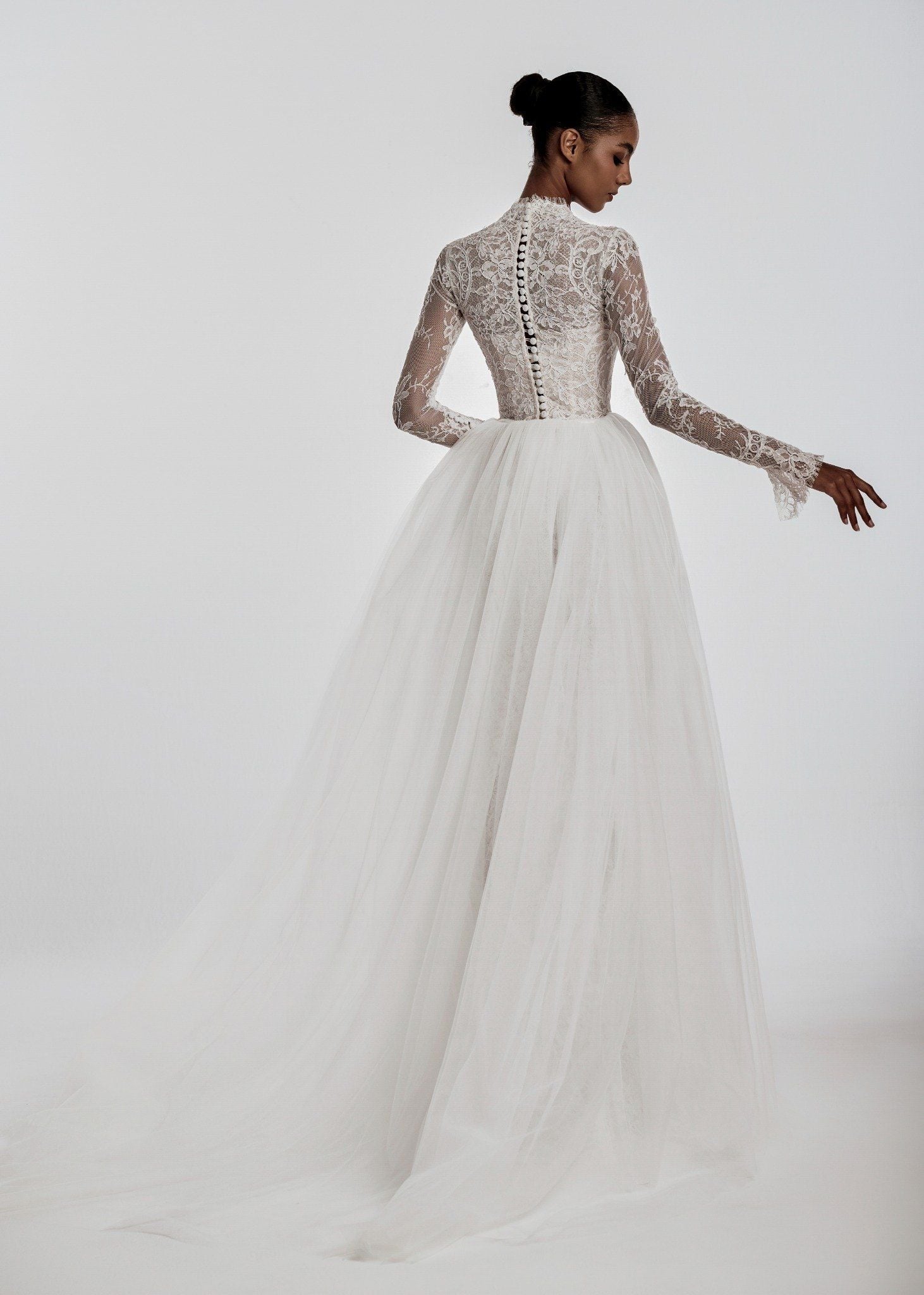 DOLORES Long Sleeve Lace Gown with Detachable Tulle Train