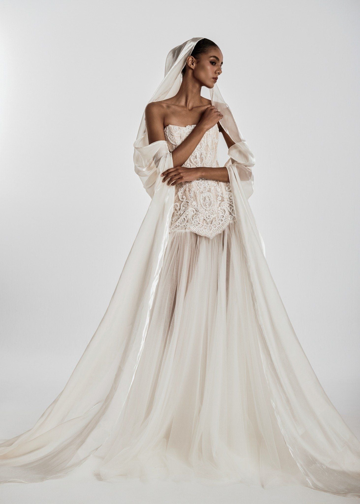 DAMIANA Strapless Lace Corset Gown With Flowing Tulle Skirt & Sheer Drape